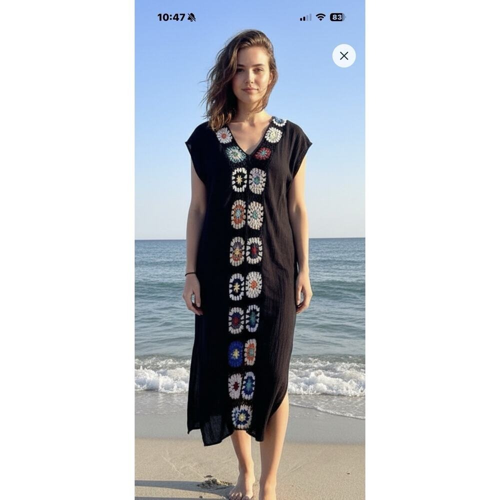 Black Crochet Gauzy Beach Dress Cover Up Swimsuit Beachwear Colorful Patchwork